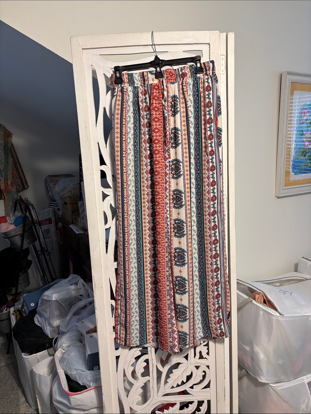 Boho Stripe Printed Maxi Pants  in Cream, Rust, and Teal